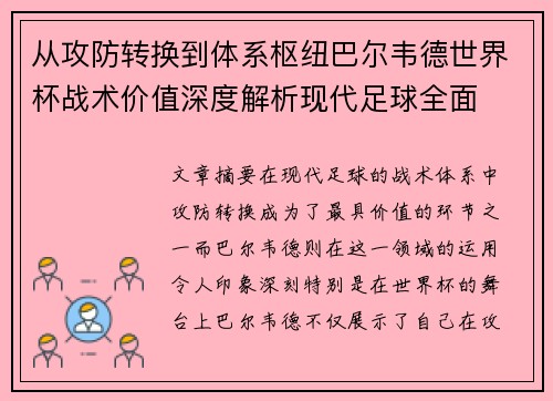 从攻防转换到体系枢纽巴尔韦德世界杯战术价值深度解析现代足球全面