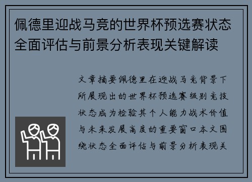 佩德里迎战马竞的世界杯预选赛状态全面评估与前景分析表现关键解读